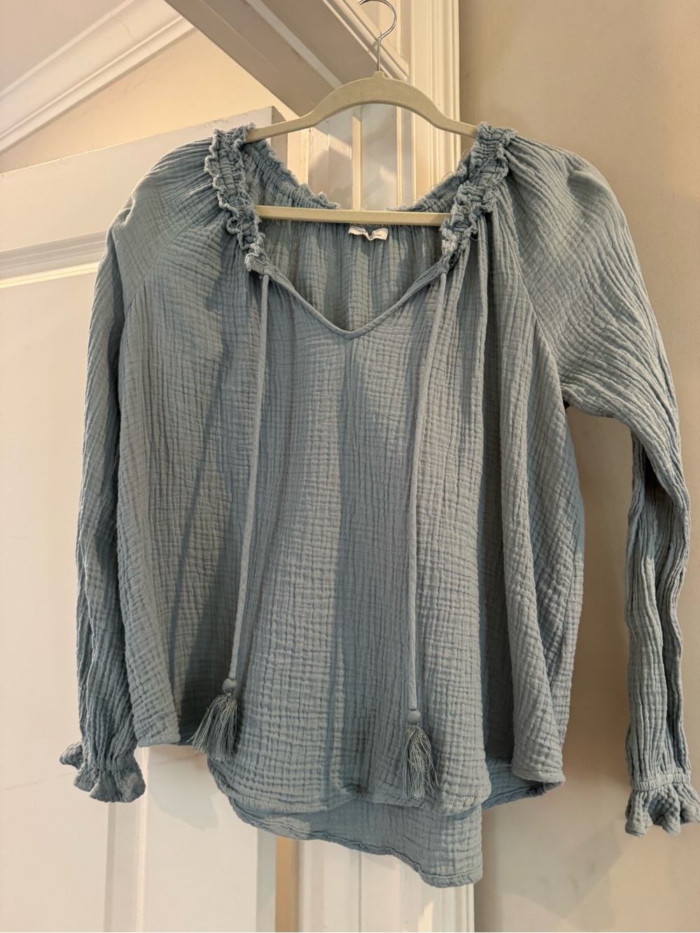 lovestitch Light Blue Gauze Peasant Top with Tassel Ties